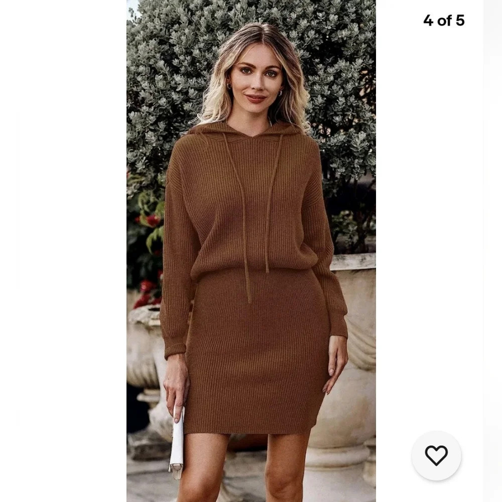 Hooded Textured Knit sweater dress Bodycon Brown XL Minimalist casual